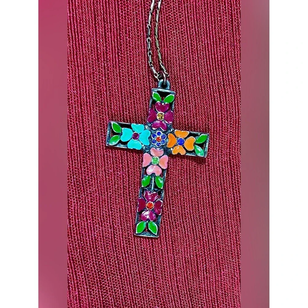 Ben-Amun Vintage Signed Floral Enamel Cross Pendant Necklace Silver Tone